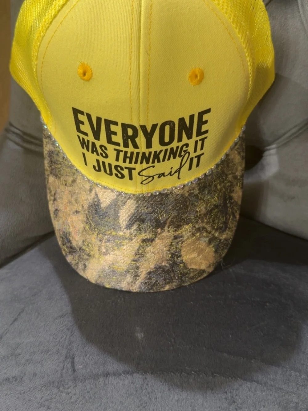 Yellow Graphic Mesh Baseball Cap with Rhinestone Trim